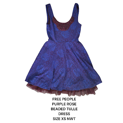 #ad FREE PEOPLE PURPLE BLUE ROSES BEADED TULLE DRESS X SMALL NWT $65.00