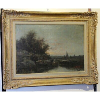 #ad Antique 19th French oil painting on canvas Sunset Landcape Signed amp; Dated 1891 $2400.00