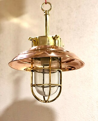 #ad Nautical Deck Spot Brass Hanging Cargo Ship Bulkhead Light with Copper Shade $216.00