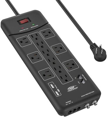#ad 9 FT Cord Power Strip Surge Protector 4050Joules 2 USB 3.1A Ethernet 1875W $33.29