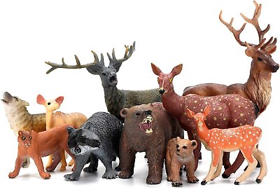 #ad Woodland Animals 10 Piece Figurine Set: Realistic Elk Wolf Bear Raccoon Lynx $32.48