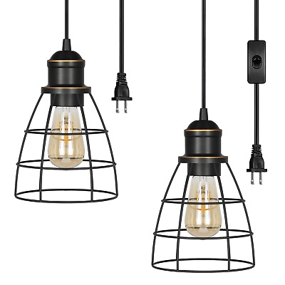 #ad DEWENWILS 2 Pack Plug in Pendant Light 15FT Cord Hanging Lights Farmhouse Cage $30.59