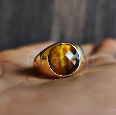 #ad 925 Sterling Silver Tiger#x27;s Eye Ring Men Women Signet Ring Gemstone Gift Jewelry $46.64