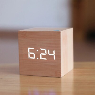 #ad Digital Wooden LED Alarm Clock Glow Desktop Table Decor Voice Control Desk tools $13.98
