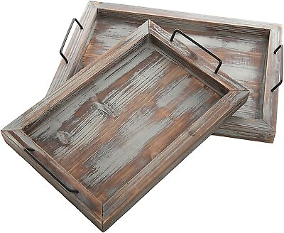 #ad Set of 2 Country Rustic Brown Wood Finish Nesting Serving Trays w Metal Handles $24.99