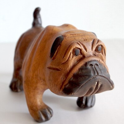 #ad Vintage Hand Carved Wooden Bull Dog Figurine $35.00