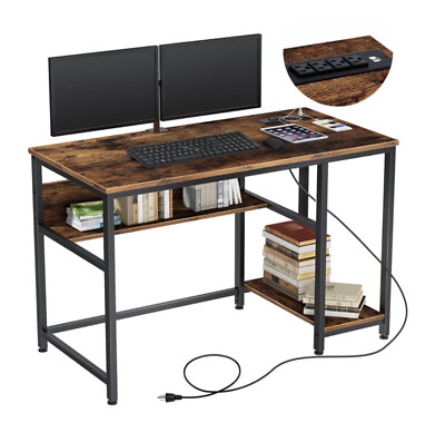 #ad Rolanstar Computer Desk 47” With Power Outlet amp; Storage Shelves. Rustic Brown $135.00