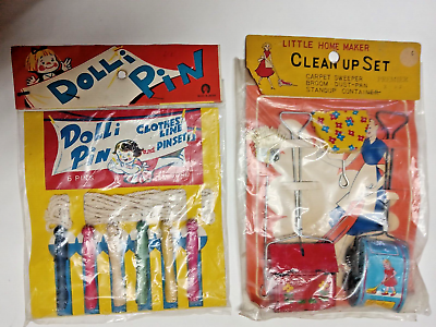 #ad Vintage 1930#x27;s Little Home Maker Clean Up Set amp; Dolli Pin Clothes Line amp; Pin Set $109.00