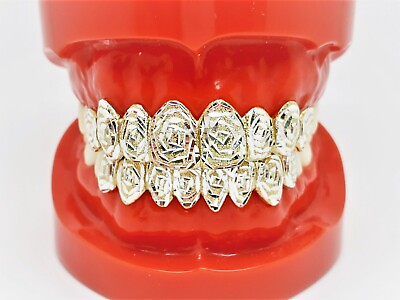#ad 925 Silver w 18K Yellow Gold Plated Rose Dust Cut Custom Fit Real Grill Grillz $396.00