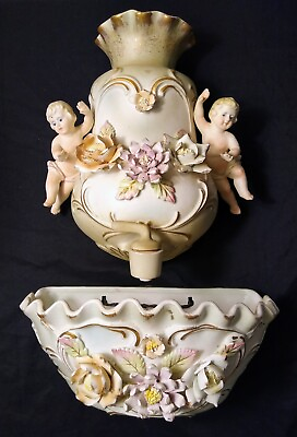 #ad Vtg. Bisque Lavabo Wall Water Fountain With Cherubs And Floral Wall Pock 2 Piece $89.99
