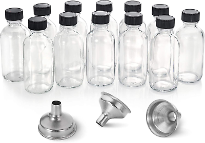 #ad Clear Glass Bottles12 Pack 2oz Lids 3 Stainless Steel Funnels 60ml Boston Sample $15.30