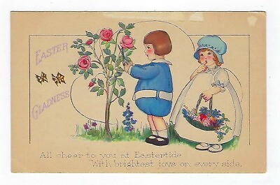 #ad Early 1900#x27;s Easter Postcard 2 Girls Trimming Roses Unposted $4.99