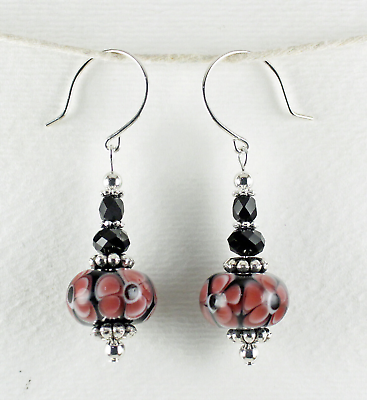 #ad Lampwork Earrings Handmade Black Pink Glass Bead Flower Dangle w Sterling Hooks $12.95