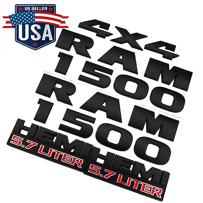 #ad Set FOR RAM 1500 4X4 Grille Tailgate 5.7 Liter HEMI Emblem Badge Black 2013 2018 $49.88