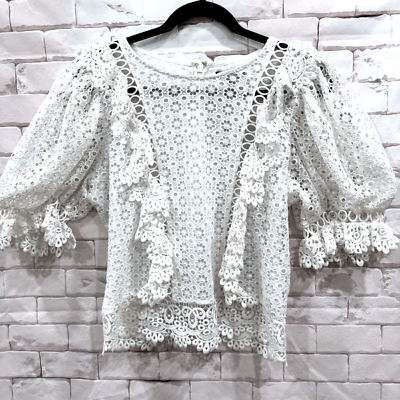 #ad Express embroidered crochet puff sleeve white blouse size medium $38.00