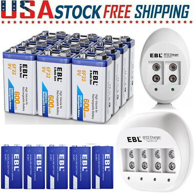 #ad Lot 9V Lithium Ion Rechargeable Batteries Charger 9 Volt Alkaline Battery $21.59