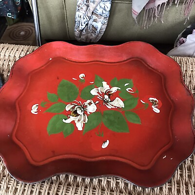 #ad Vintage Metal Toile Tray Red Scalloped Edge White Flowers Floral Green $28.00
