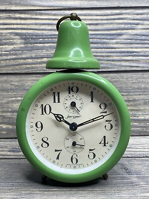 #ad Vintage Jerger Round Metal Green Alarm Clock Analog Face Made In Germany 3.5” $53.99
