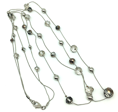 #ad Silver Tone Chain Long Smokey Faceted Round Bead Necklace Double Strand $9.95