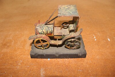 #ad Tin Car Model on Rustic Farmhouse Wood Base 4quot; x 6quot; x 5quot; tall $20.29