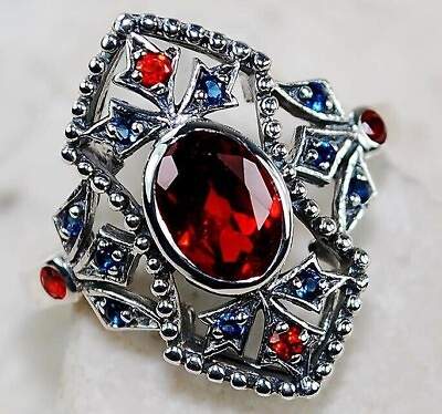 #ad Natural 1CT Fire Garnet amp; Sapphire 925 Solid Sterling Silver Ring Sz 6.78 FM9 $31.99