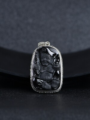 #ad I05 Pendant Buddha Representation Manjushri Black Obsidian Sterling Silver 925 $211.39