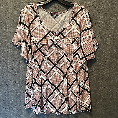 #ad Cocomo Woman Tunic Top 2X Pink Geometric Pintuck Stretch Flowy Blouse Pockets $22.99