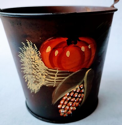 #ad Vintage Tole Painted Tin Bucket Pail Pumpkin Fall Autumn Thanksgiving DecorRetro $11.60