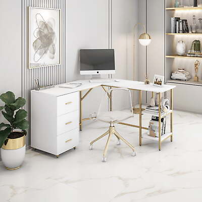 #ad L Shape Home Office Desk with Storage Gold $196.80