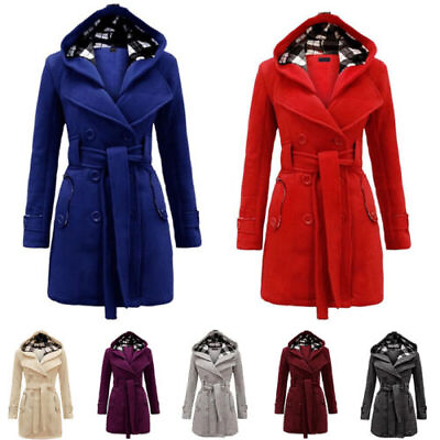 #ad Women Double breasted Coat Hooded Winter Jacket Warm Clothing Belted Overcoat $36.57