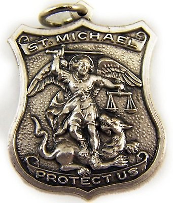 #ad Pewter Saint Michael Protect Us Shield Shaped Medal 1 Inch $14.95