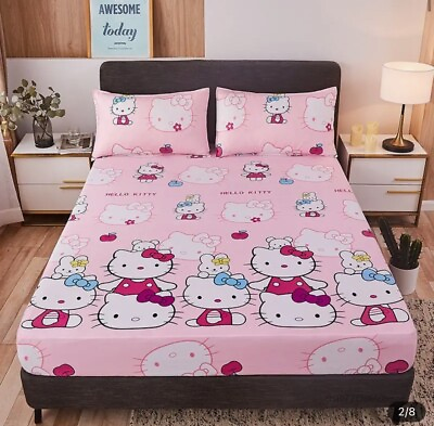 #ad Hello Kitty Fitted Sheet Pink Sanrio Mattress Cover Kawaii New Queen Size $35.99