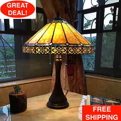 #ad Tiffany Style Mission 2 Light Table Lamp Amber Brown Stained Glass Bronze Finish $129.99