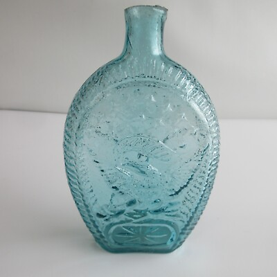 #ad Antique Hand Blown Glass Aqua Double Eagle 13 Stars Flask Bottle $450.00