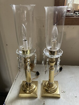 #ad Pair 20” Lead Crystal amp; Brass Column Buffet Boudoir Table Lamps With Prisms $119.00