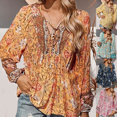 #ad Womens Floral Boho Tunic Tops Shirt Long Sleeve Casual Loose Blouse Plus Size US $16.18