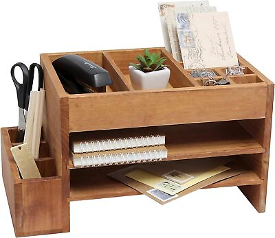 #ad Wood Tiered Organizer with Storage Cubbies and Letter Tray Desk Caddy $35.36