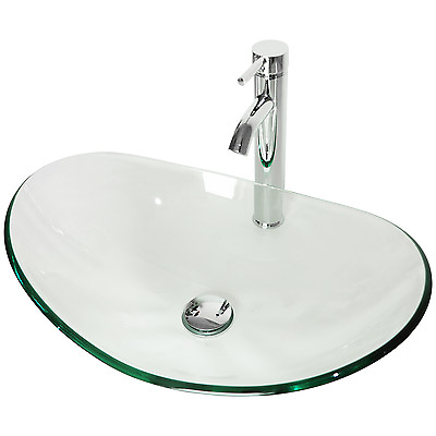 #ad Natural Clear Oval Tempered Glass Vessel Sink w Faucet amp; Drain for Bathroom $89.99