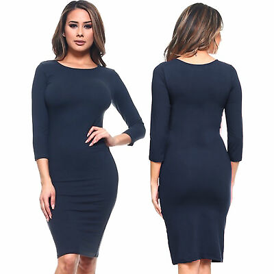 #ad Women Cocktail Party Bodycon Dress Casual 3 4 Long Sleeve Stretch Pencil Navy L $12.77