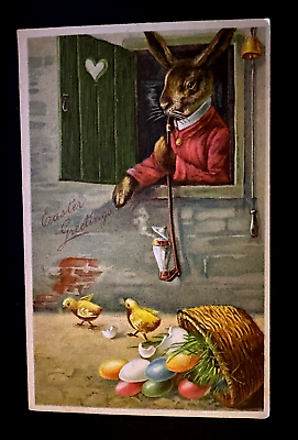 #ad Dressed Rabbit in Window with Pipe Chicks Eggs 1910 Easter Fantasy Postcard h301 $16.95