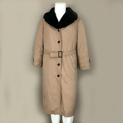 #ad Eddie Bauer Women#x27;s 80s Goose Down Lined M Trench Coat Faux Sheepskin Collar EXC $95.00