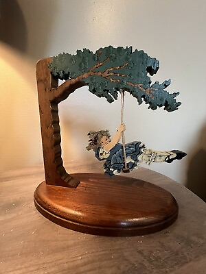 #ad Vintage 1987 Wooden Handmade Handpainted Girl In Dress Swinging From Leafy Tree $150.00