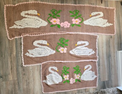 #ad Vintage Swan Table Runners Hand Embroidered Art Odette Crochet Trim Set of 3 GUC $41.22