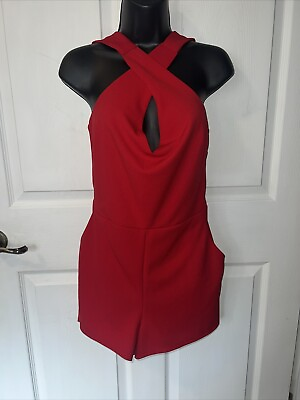 #ad Crystal Sky Women’s Front Criss Cross Red Romper Size Large $17.59