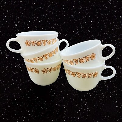 #ad Pyrex Milk Glass Butterfly Gold Coffee Cup Mug Set 5 Glass Vintage 4”W 2.25”T $23.80
