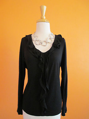 #ad New Talbots Size LP Black Ruffle Embellished Long Sleeve Knit Top $24.88