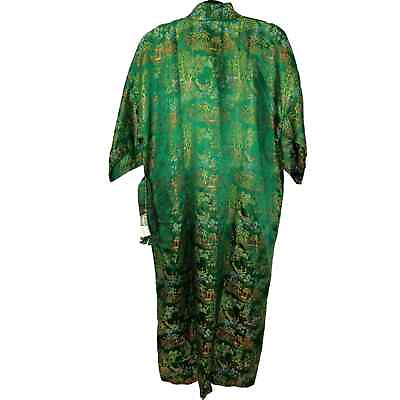 #ad Kimono Green Woven Robe Short Sleeves Front Pockets Belted Made in Shang Hai M $69.00