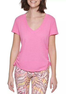 #ad Calvin Klein Women#x27;s Performance Ruched Side Short Sleeve V Neck Top Pink Large $11.69