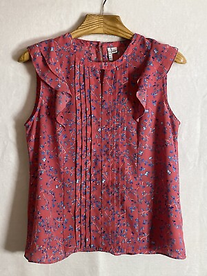 #ad ELLE Women#x27;s Top Pink Blue Floral Casual Ruffle Keyhole Neck Sleeveless Sz Large $15.00