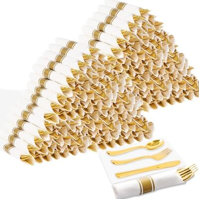 #ad 400Pcs Pre Rolled Gold Plastic Cutlery Set 100 Pack Wrapped Plastic Silverwa... $80.19